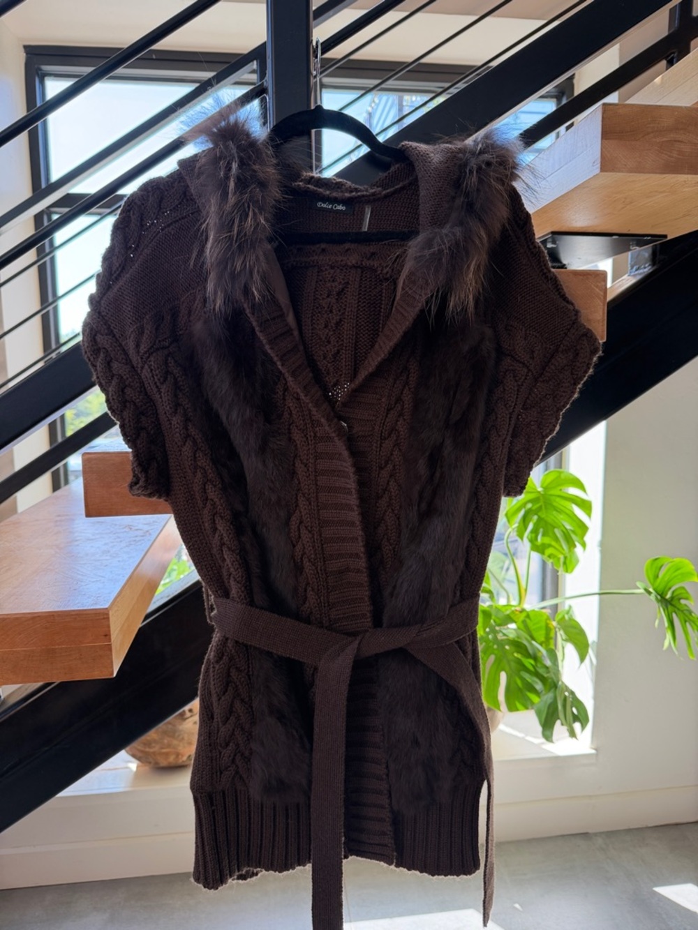 Cable Knit Acrylic Wool and Rabbit Fur Trim Belted Cardigan - Chocolate Brown